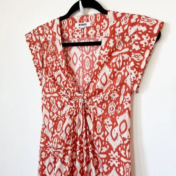 Evereve BB Dakota Emersyn Tiered Midi Dress XS Deep V-Neck Batik Cotton Spring - Picture 6 of 16